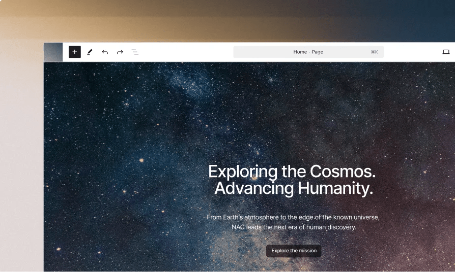WordPress editor displaying a homepage with a full-width space exploration hero image, headline, supporting text, and call-to-action button representing the enterprise industry solution.