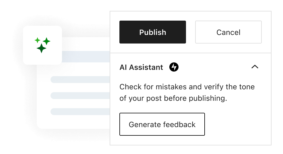 A section of the Jetpack AI interface, showing the publish button and helper text