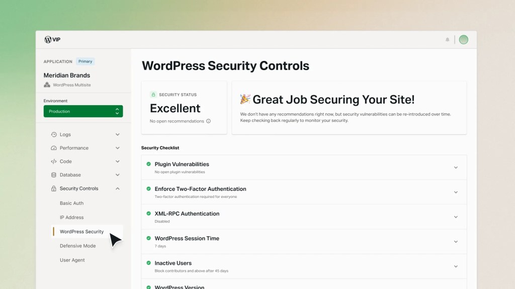 WordPress VIP security dashboard displaying security status, security controls, and a checklist of recommended site protection settings.