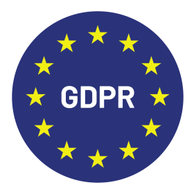 GDPR security badge for digital solution content governance, blue circle with yellow stars and white GDPR text.