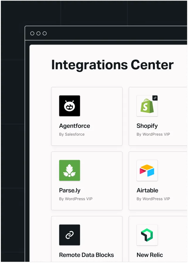 Integrations Center dashboard displaying available integrations, including Agentforce, Shopify, Parse.ly, Airtable, Remote Data Blocks, and New Relic.