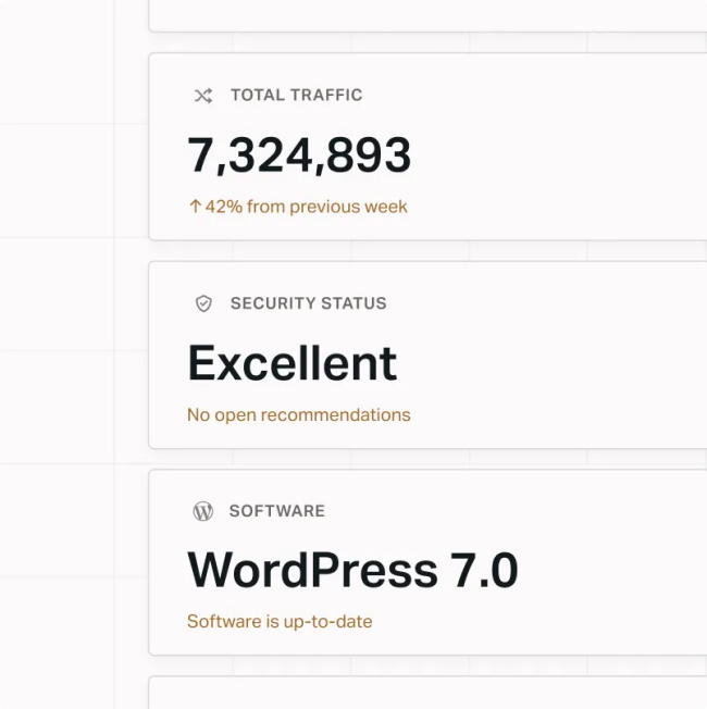 Enterprise dashboard displaying total traffic, security status, and WordPress software version to monitor site health and platform performance.