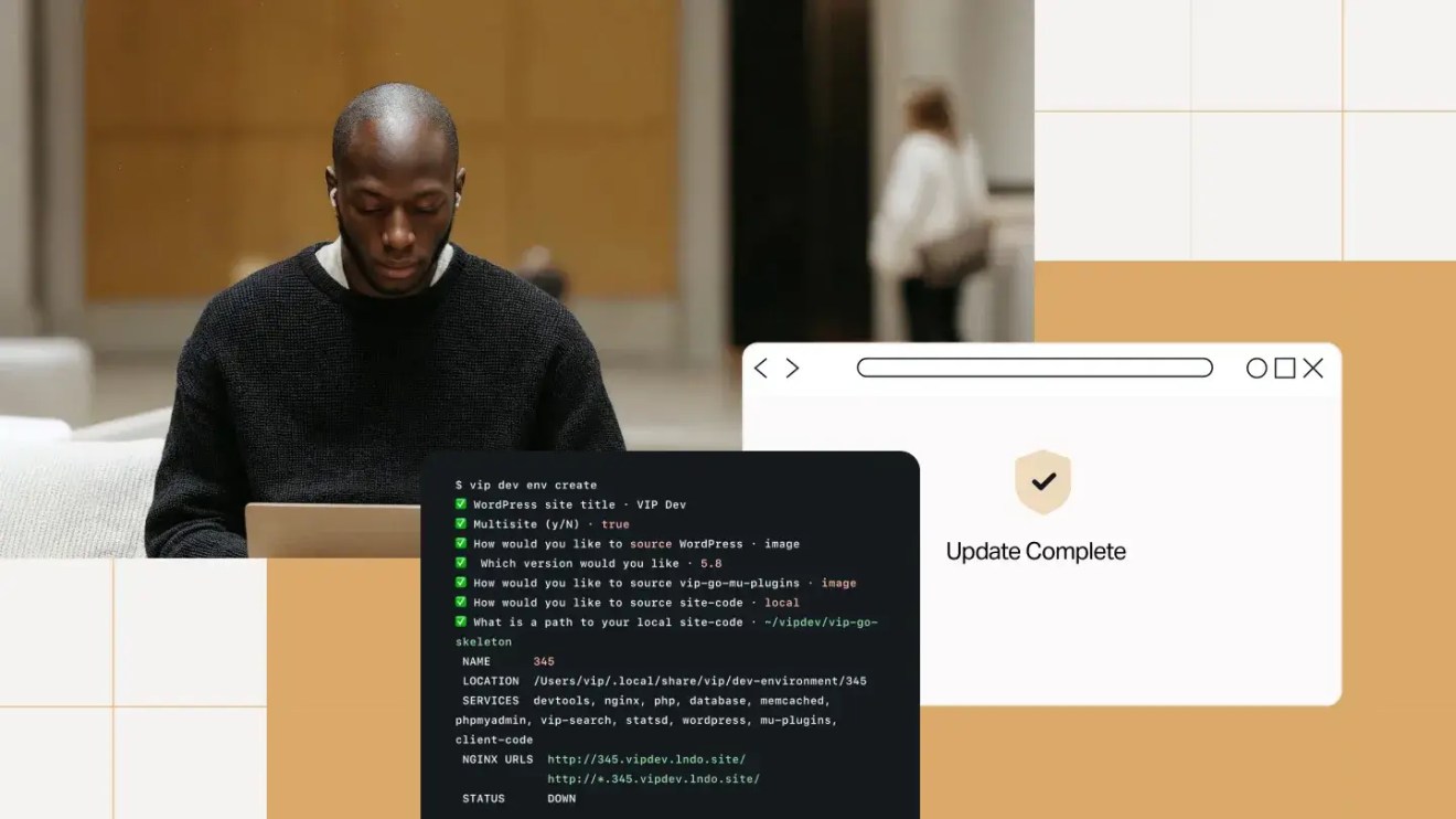 Person working on a laptop beside an “Update Complete” browser window and terminal commands, illustrating WordPress VIP Upgrade Assurance for WordPress and PHP upgrades, technical support, and environment setup.