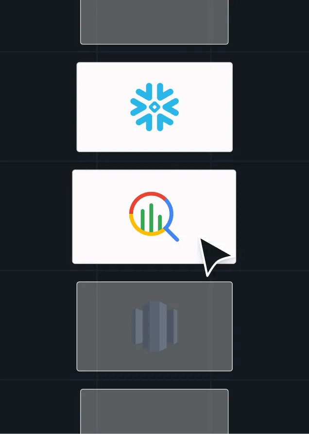 Integration selector displaying Google Analytics between Snowflake and Amazon Redshift, with a cursor hovering over the Google Analytics card.