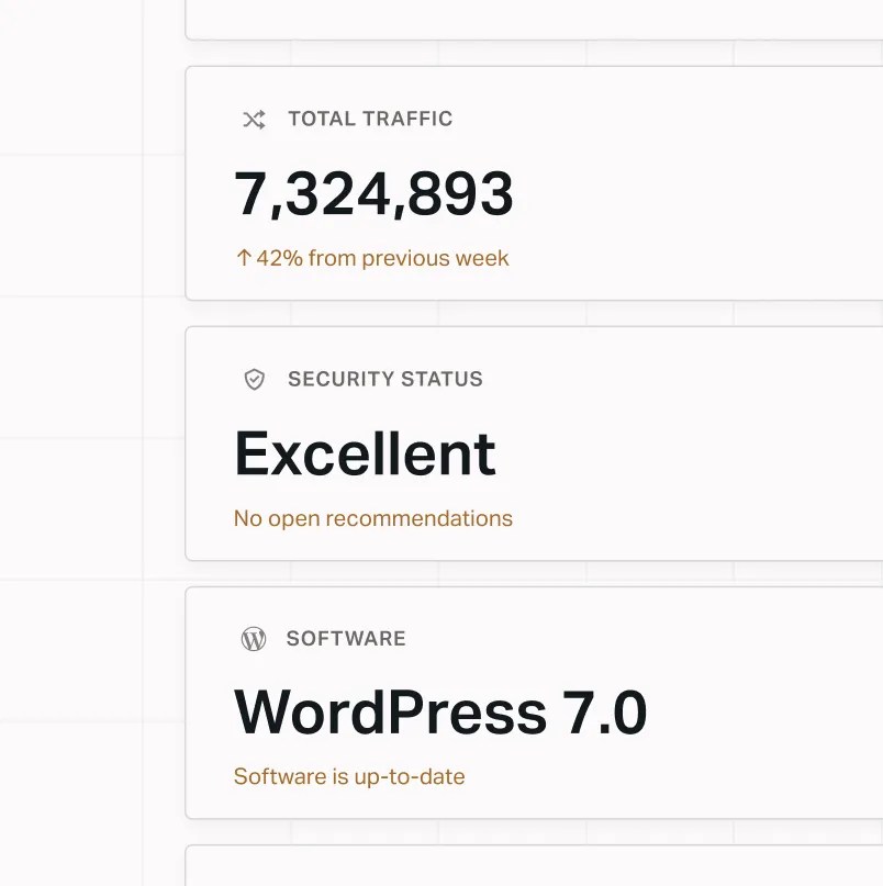 Dashboard displaying total traffic, security status, and WordPress software version with system health metrics.