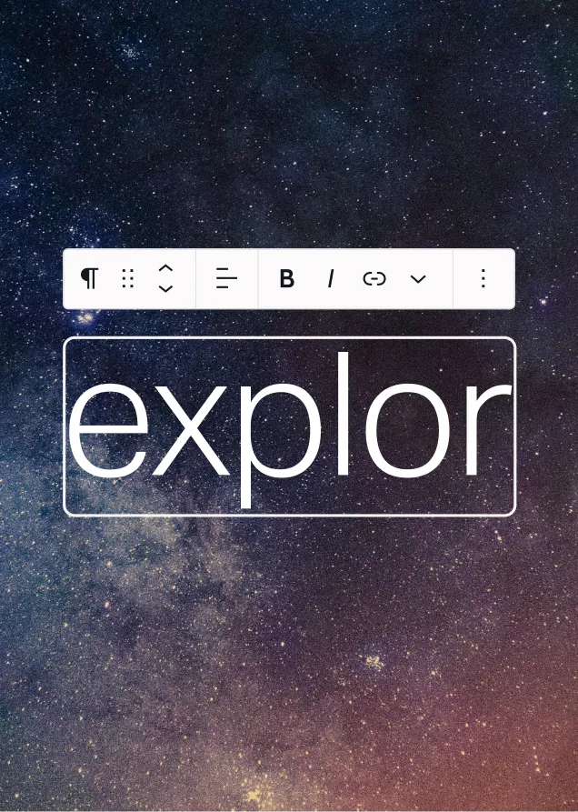 Text editing toolbar above a large heading being edited over a starry space background.