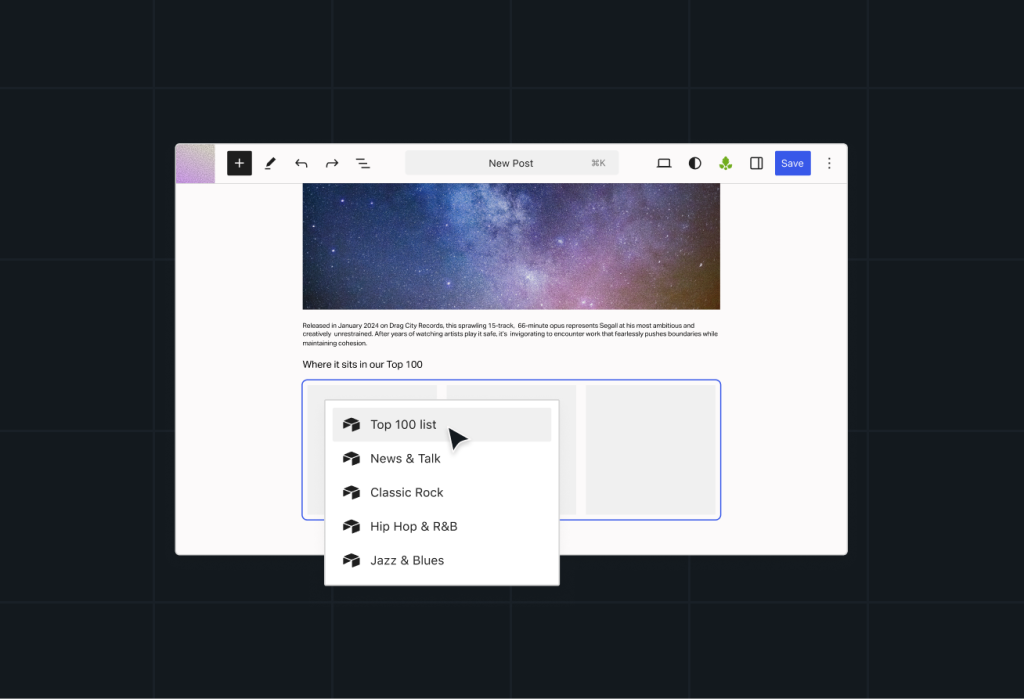 WordPress editor interface showing a content block with a dropdown menu of content categories, including Top 100 list, News & Talk, Classic Rock, Hip Hop & R&B, and Jazz & Blues.