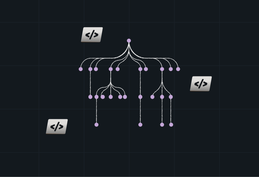 Abstract branching diagram with connected nodes and code symbols, representing hierarchical content structures, data relationships, or developer workflows.