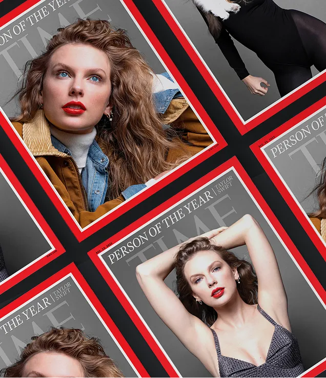 Collage of TIME magazine covers featuring Taylor Swift in different poses, arranged diagonally with bold red borders.