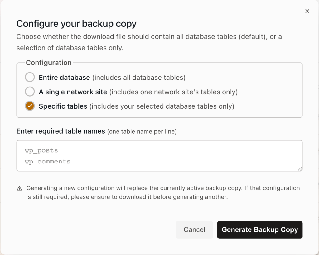 Configure your backup copy with specific tables