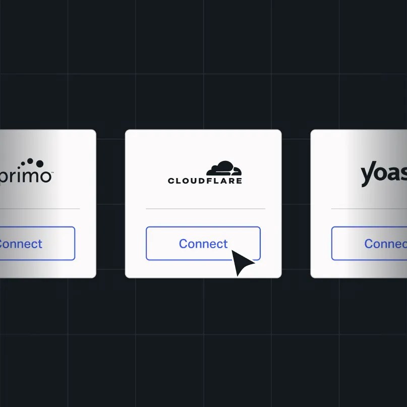 Enterprise integrations marketplace displaying partner connectors including Cloudflare, Yoast, and Aprimo, allowing organizations to connect external technologies to WordPress VIP.