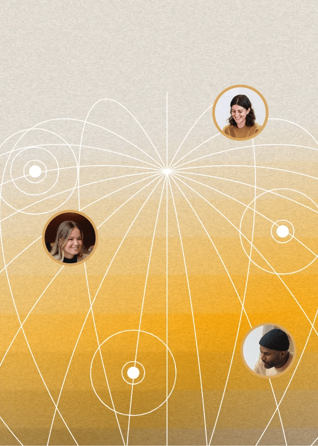 Illustration of connected team members linked through a network of intersecting lines.