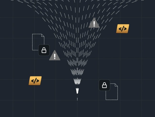 Dark grid background with a large funnel-shaped pattern made of white lines narrowing toward the bottom center. Around the funnel are document icons, padlock icons, warning symbols, and code symbols positioned at different points across the image.