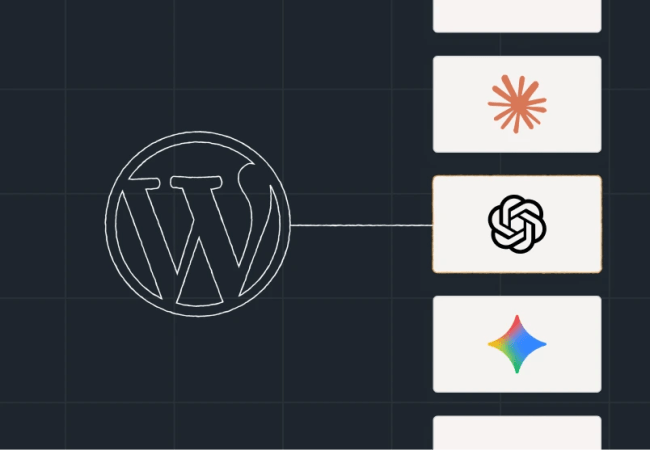 WordPress logo connected by a horizontal line to a vertical stack of rectangular cards displaying various AI platform logos on a dark grid background.