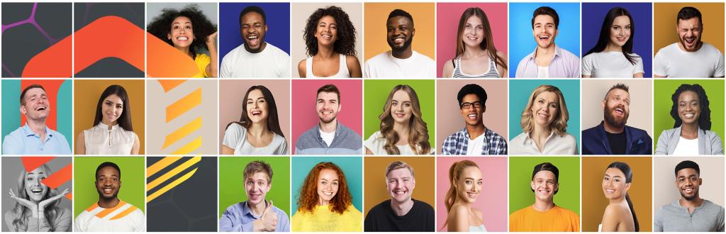 Collage of diverse people smiling, representing a digital solution content publishing team or editorial workflow.