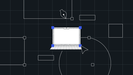 Illustration of a laptop on a dark grid background with white and blue geometric design elements, capturing the modern aesthetic of an enterprise website redesign.