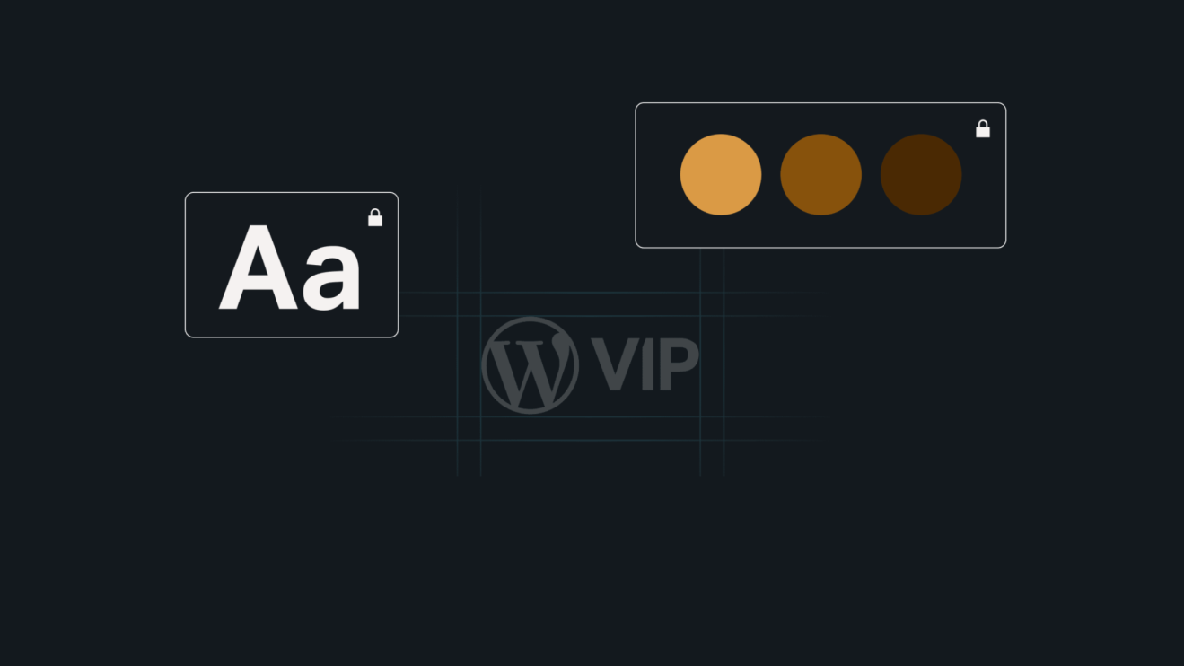 Dark UI with font size Aa and three brown color swatches, featuring a faint WordPress VIP logo in the center—crafted to align seamlessly with brand guidelines.