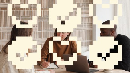 Three people sit at a table with a laptop, partly covered by large pixelated icons, as they discuss AI trust and contemplate the Future of The Website.