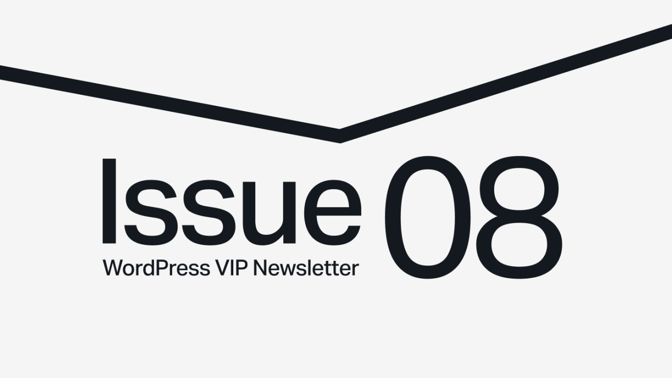 Text reads Issue 08, WordPress VIP Newsletter on a light background with a bold diagonal line above.