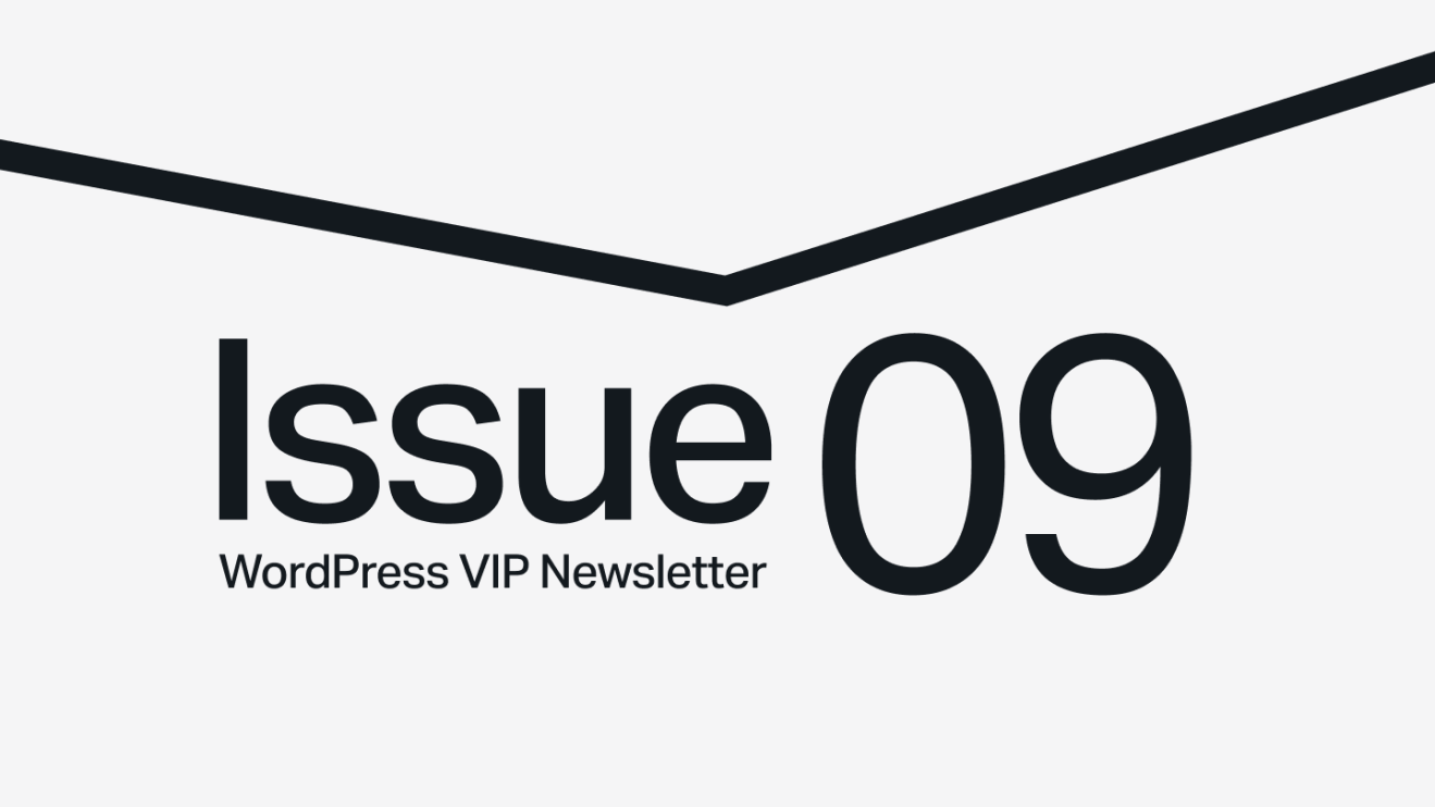 Issue 09 WordPress VIP Newsletter text on a light background with a black chevron above.