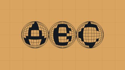 Three black wireframe globes on an orange grid background, each with a pixelated letter: A, E, and C—an eye-catching visual that reflects the interconnected nature of an enterprise multilingual CMS.