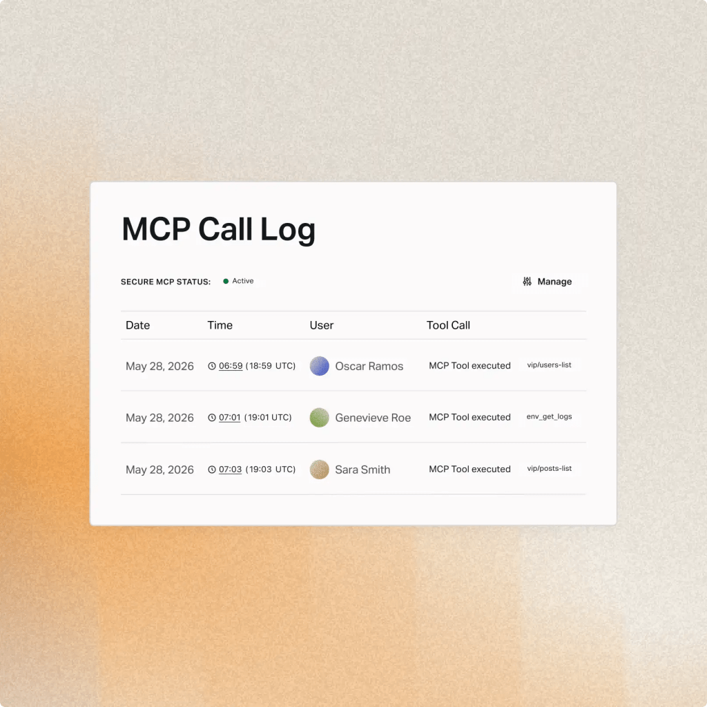 MCP Call Log showing executed tool calls by three users on May 28, 2026, with timestamps and statuses, demonstrating Secure MCP protocols and robust AI agent governance practices.