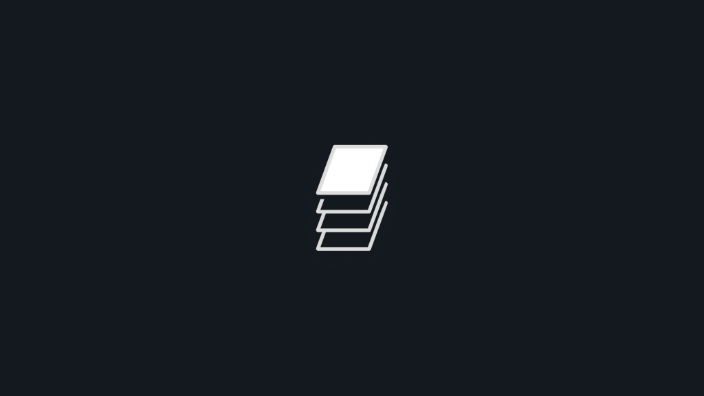 Minimalist white icon of a stack of four books or papers on a dark gray background.