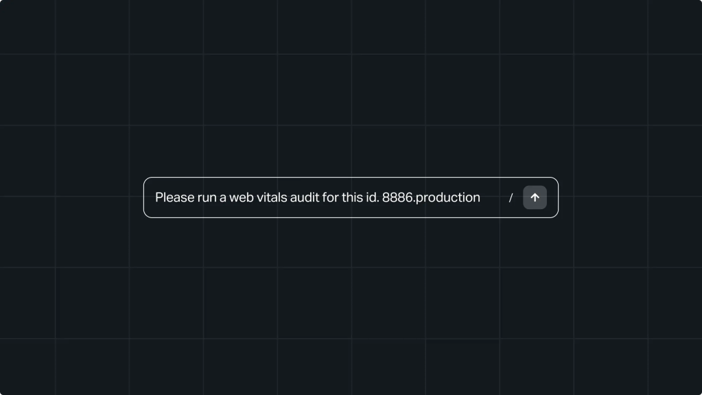 Text box says Please run a web vitals audit for this id: 8986.production with a send arrow button, ensuring Secure MCP protocols are followed.