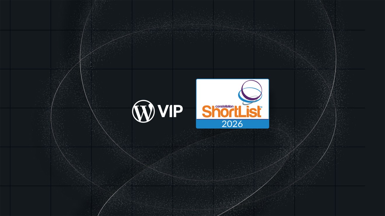 WordPress VIP and ShortList 2026 logos on a dark grid background with white swirling lines, evoking constellation shortlist branding