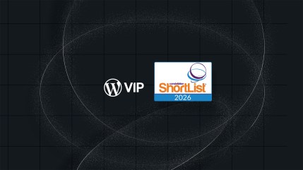 WordPress VIP and ShortList 2026 logos on a dark grid background with white swirling lines, evoking constellation shortlist branding