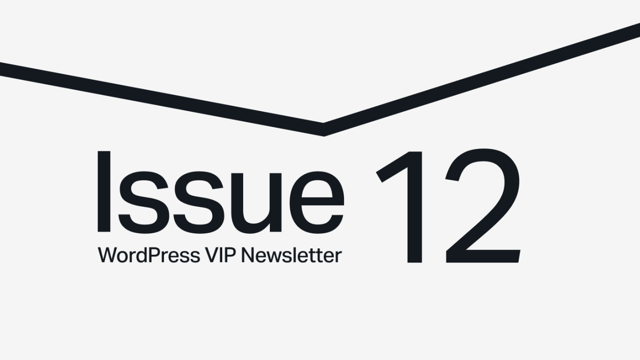 Text saying Issue 12 WordPress VIP Newsletter with a black chevron line above on a gray background.