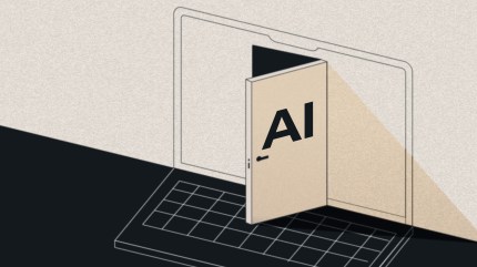 An open door labeled AI within the outline of a laptop screen and keyboard, symbolizing access to AI content management through agent-ready infrastructure.