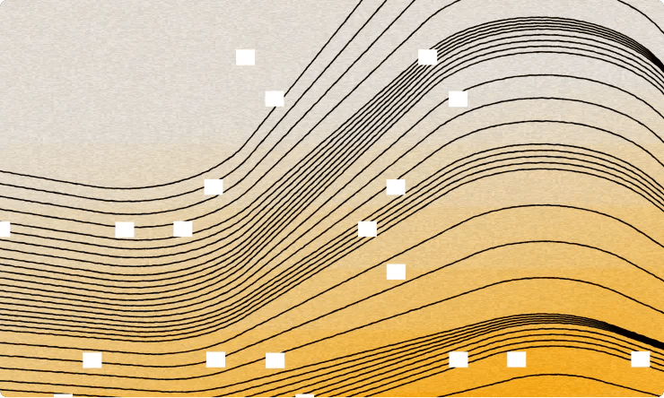 Curved black lines with scattered white squares on a yellow and beige gradient background, evoking the seamless flow of insights powered by AI content analytics like Parse.ly MCP.