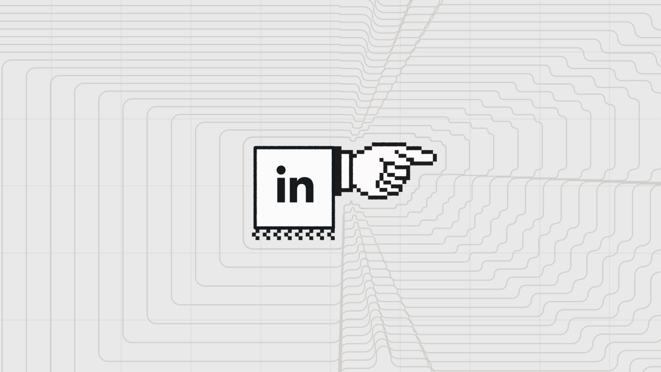 A pixelated LinkedIn icon with a pointing hand, illustrating a LinkedIn content strategy that guides audiences from executive posts toward a company website.