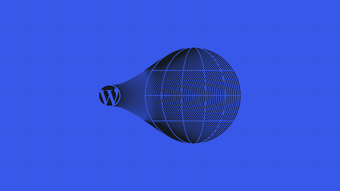 The WordPress logo morphs into a wireframe globe on a blue grid background, symbolizing the global reach and robust infrastructure of managed WordPress hosting.
