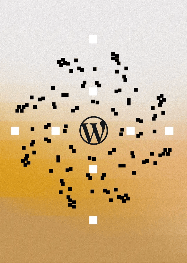 WordPress logo in the center with black and white pixels swirling on a yellow to white gradient background, representing the dynamic and modern capabilities of a headless WordPress CMS.