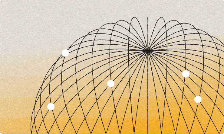 A dome-shaped wireframe with seven white dots on a gradient yellow to gray background, evoking the innovative spirit of AI content analytics.