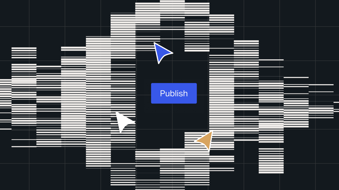 Abstract illustration representing multisite management, with multiple content blocks surrounding a central Publish button and several cursor icons.