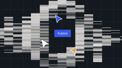 Abstract illustration representing multisite management, with multiple content blocks surrounding a central Publish button and several cursor icons.