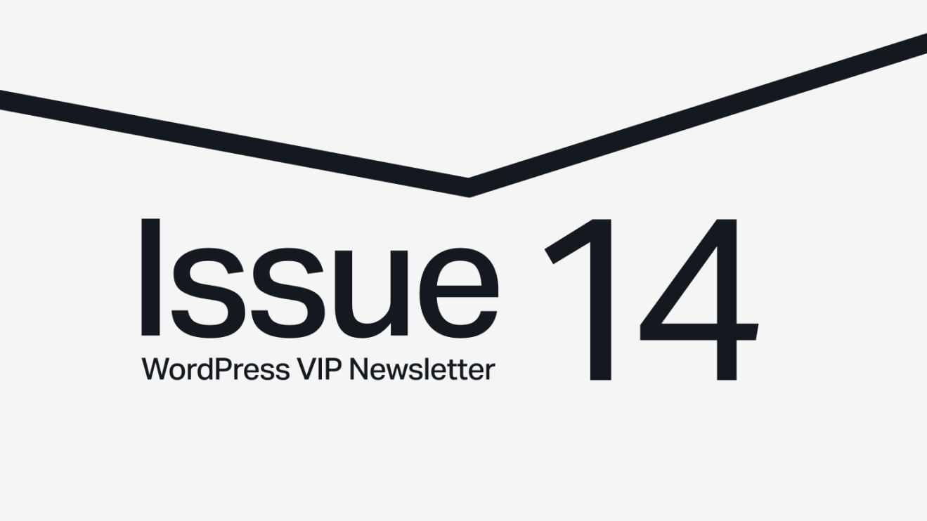 Issue 14 WordPress VIP Newsletter text on a light background with a black angled line above.
