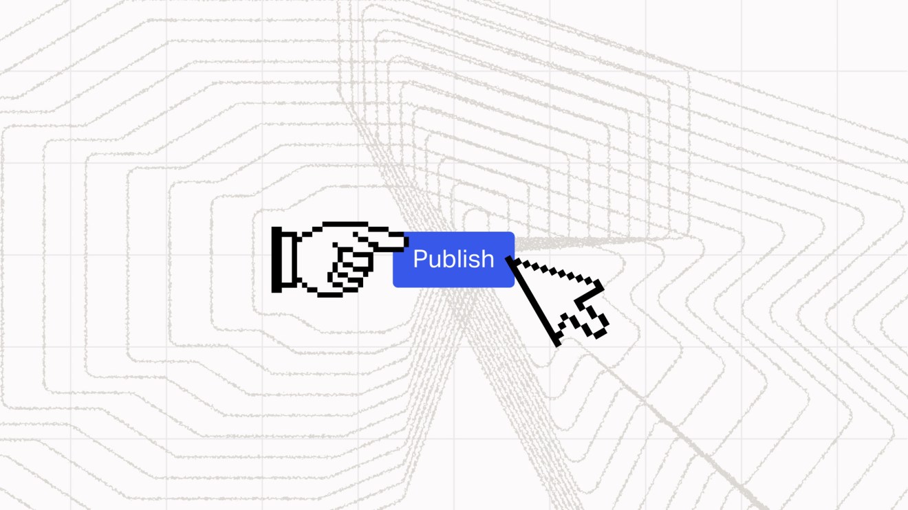 Pixel hands and a cursor point at a blue Publish button on a white background with gray abstract lines, symbolizing the role of human judgment AI content brings to modern enterprise content operations.