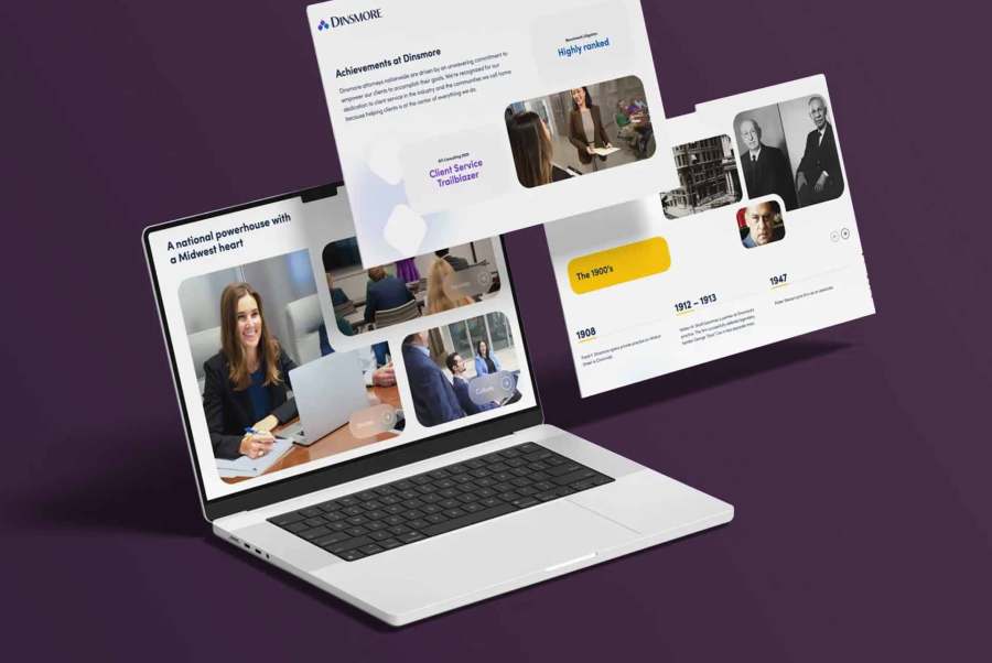 A laptop displays business website screens featuring people in meetings and a timeline on a purple background.