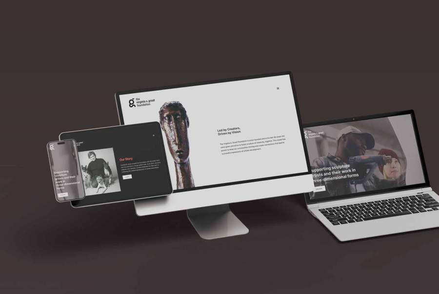 Three devices display different website pages: a computer, tablet, and laptop on a dark background.