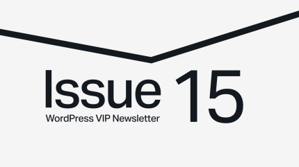 Issue 15 WordPress VIP Newsletter text on a light background with a black angled line above.