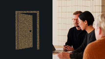 Three people sit at a table next to a binary code doorway graphic, representing enterprise AI adoption.