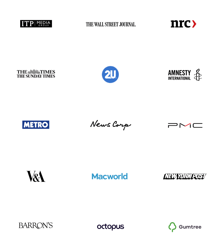 A selection of logos of Big Bite customers, including The Wall Street Journal, News Corp, PMC, and Macworld.