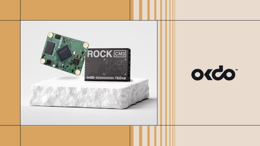 Close-up of OKdo ROCK CM3 single-board computer and packaging on a stone pedestal, showcasing OKdo’s advanced IoT hardware. Highlights how OKdo leverages WordPress VIP for scalable product content management and global digital delivery.