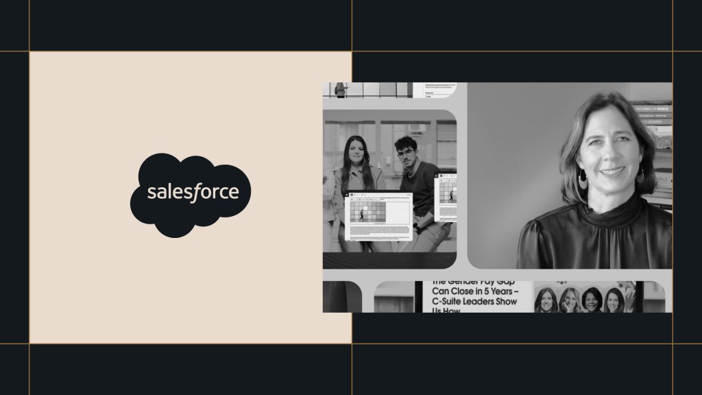 Split-screen visual featuring the Salesforce logo on a beige background to the left, and black-and-white photos on the right showing people using digital tools and a woman smiling on a video call. The layout includes a grid design with dark and gold accent lines.