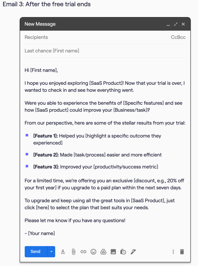 SaaS trial follow-up email offering upgrade discount.