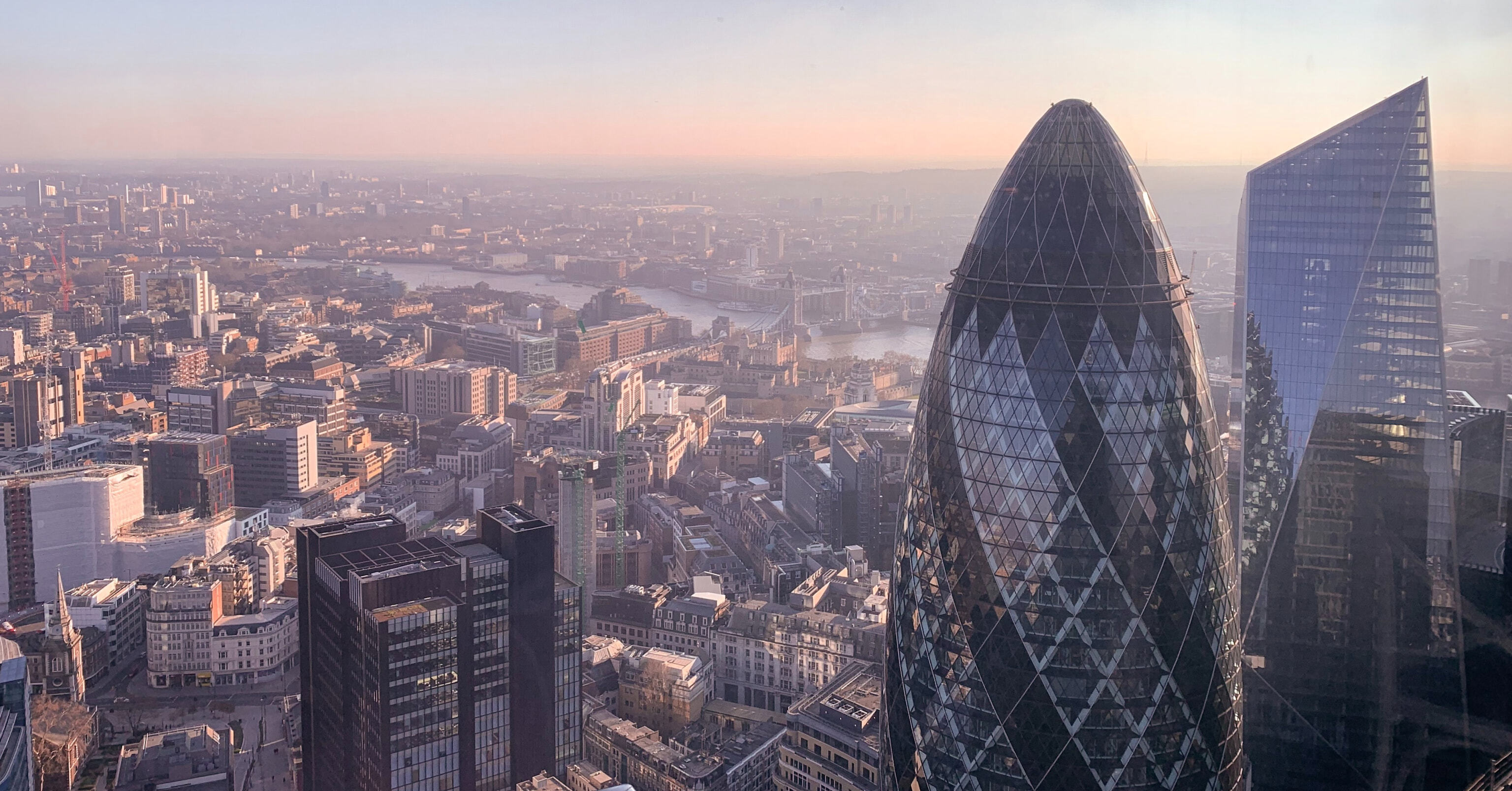 An aerial view showing the skyline of London, England in the United Kingdom